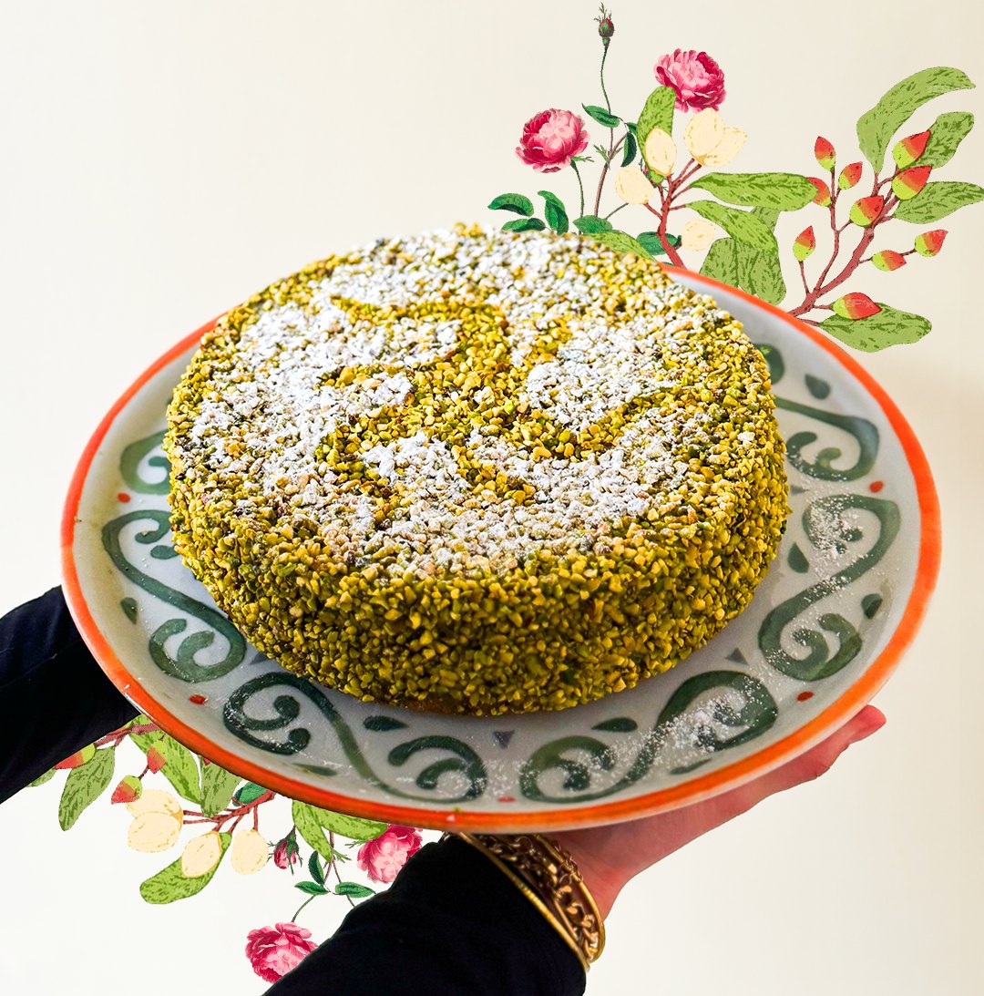 Gâteau à la pistache et illustrations fleuries